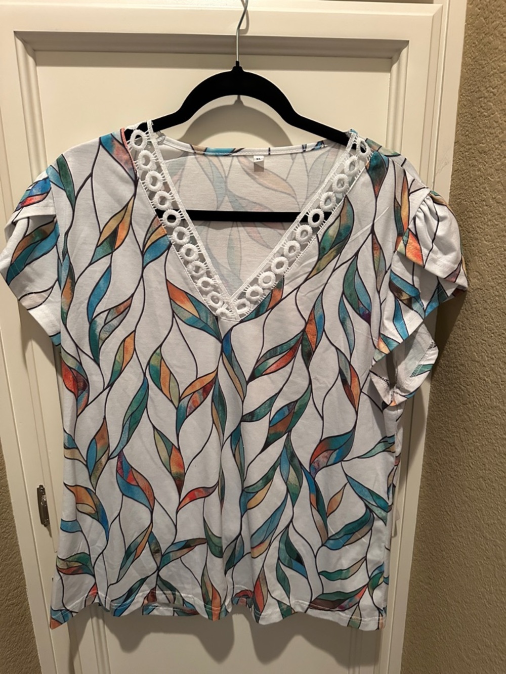Amazon Multicolor Leaf-Print V-Neck Blouse with Crochet Trim